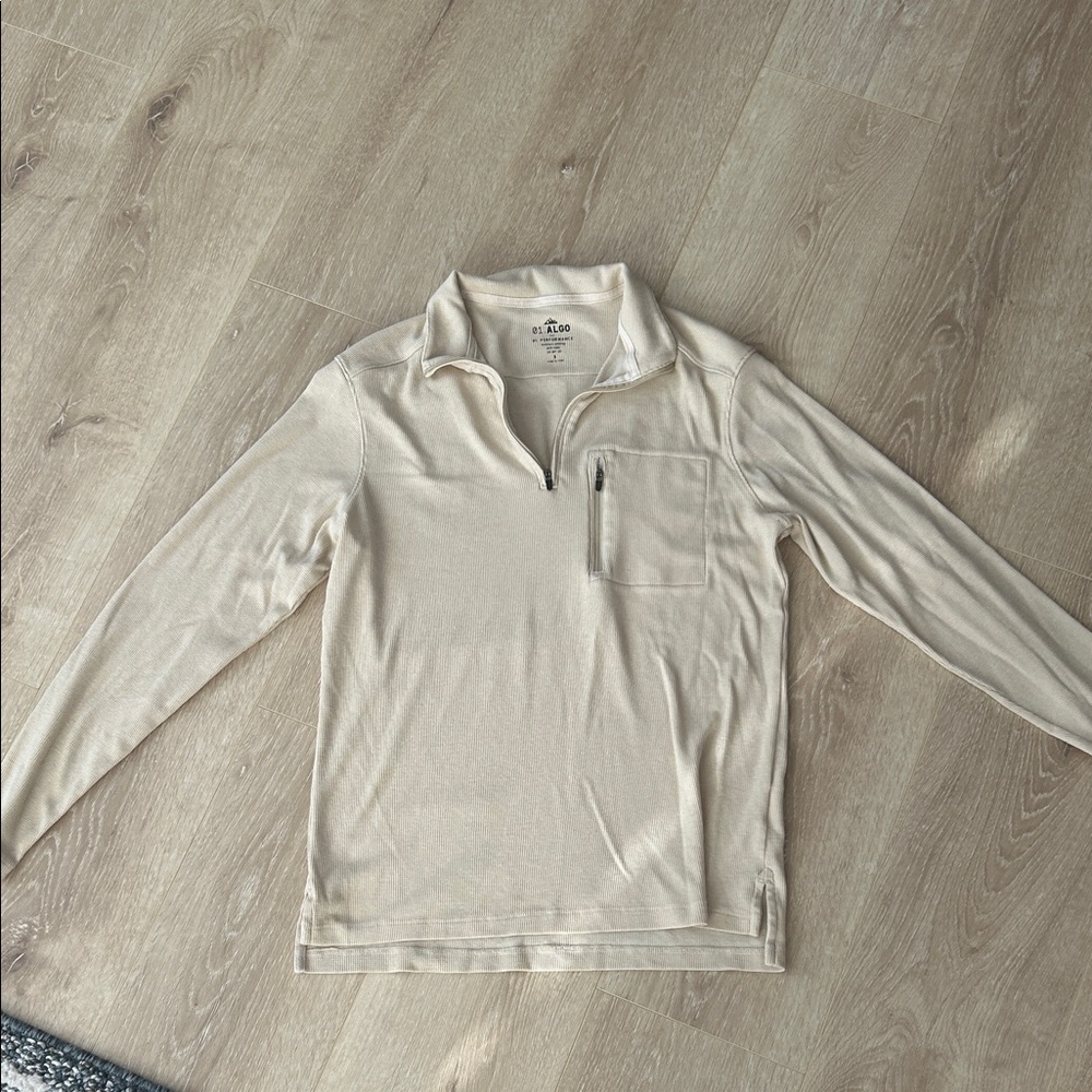 Mens small cream algo long sleeve quarter zip shirt with pocket waffle thermal